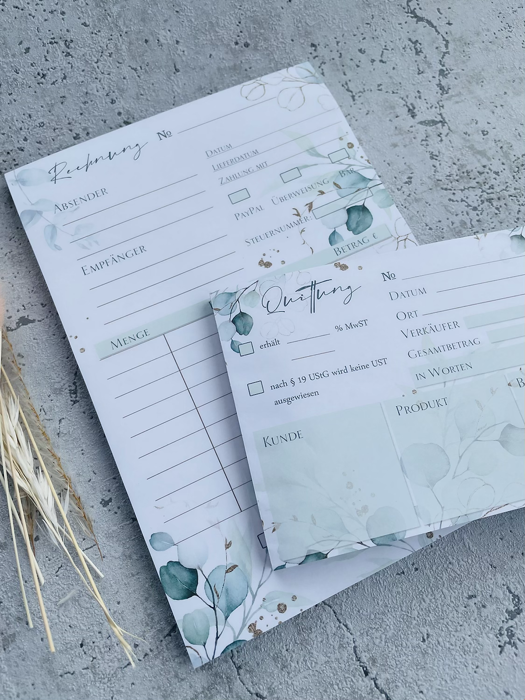 Kleines Business SET Rechnungsblock und Quittungsblock im Eukalyptus Golddesign