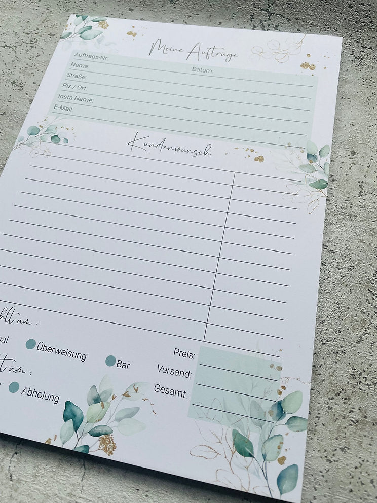 Auftragsblock A4 Eukalyptus Golddesign