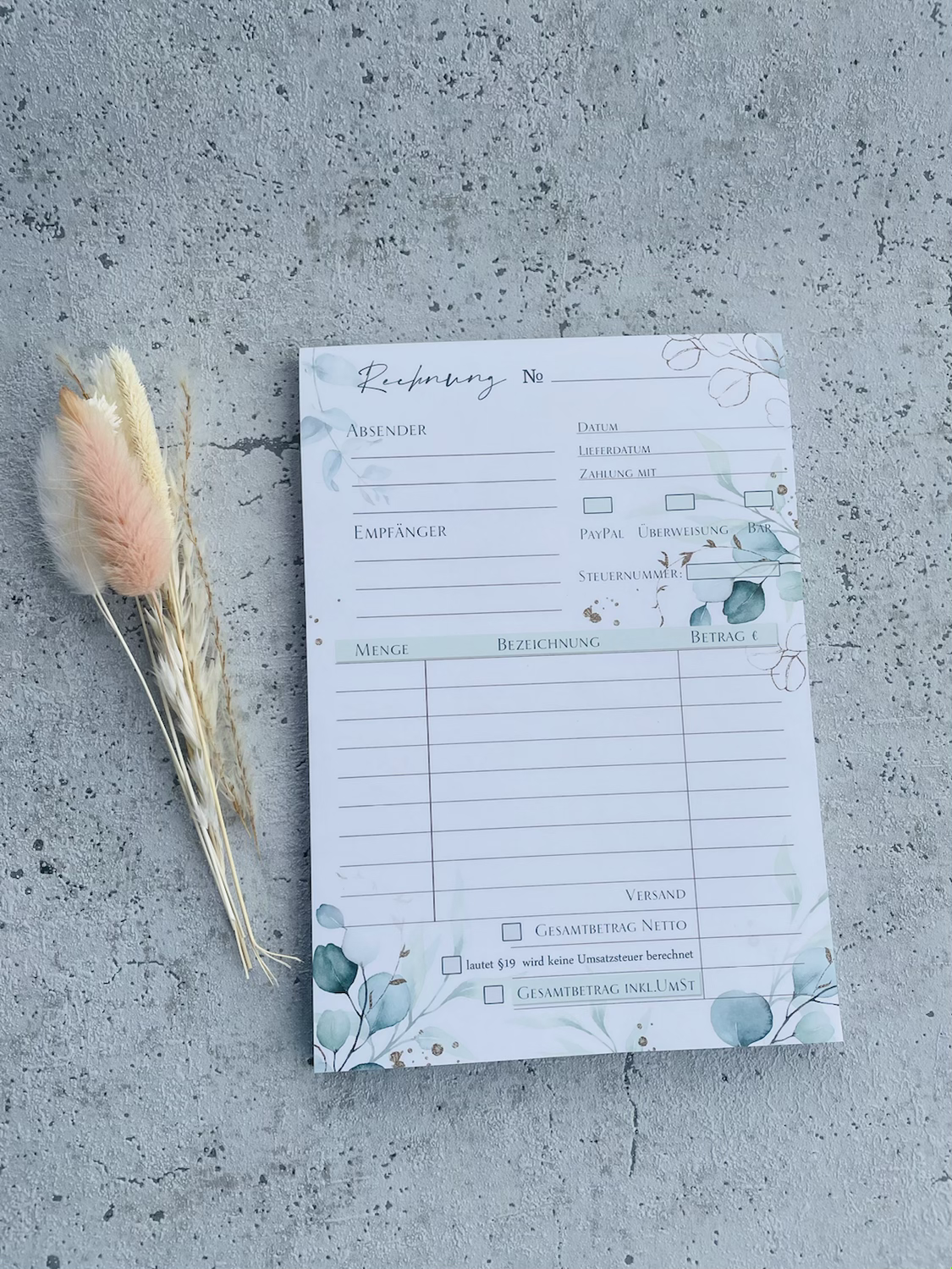 Rechnungsblock A5 Eukalyptus Golddesign