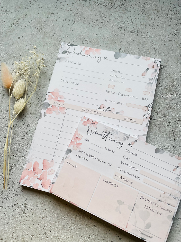 Kleines Business SET Rechnungsblock und Quittungsblock im Aquarel Blumen