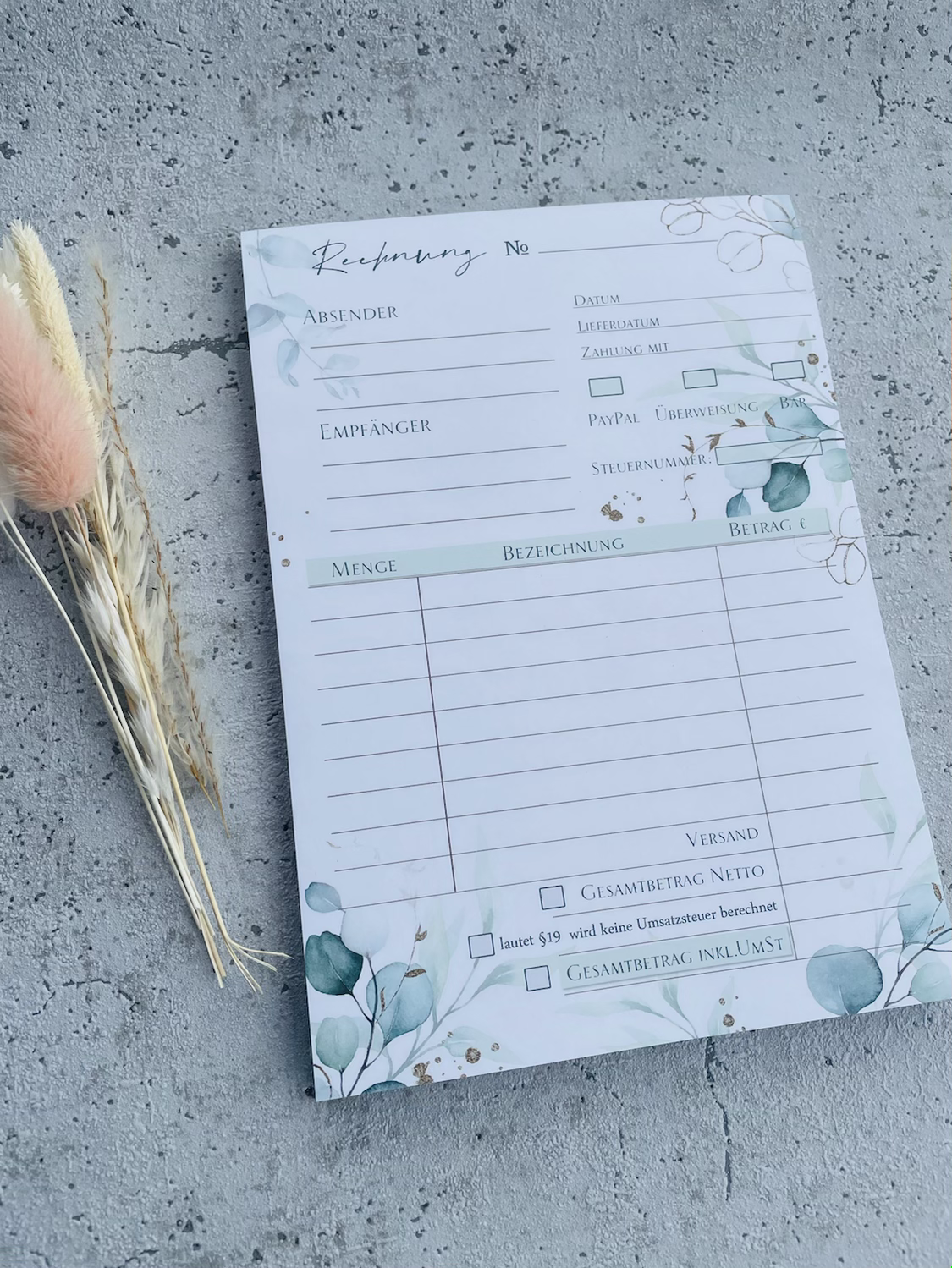 Rechnungsblock A5 Eukalyptus Golddesign