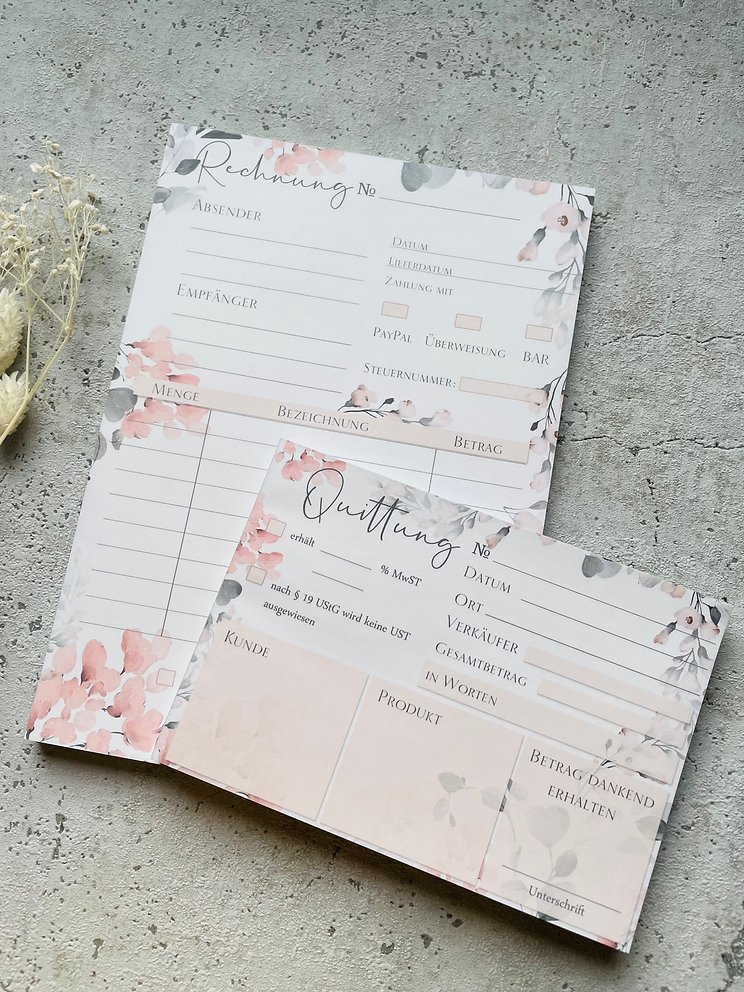 Kleines Business SET Rechnungsblock und Quittungsblock im Aquarel Blumen