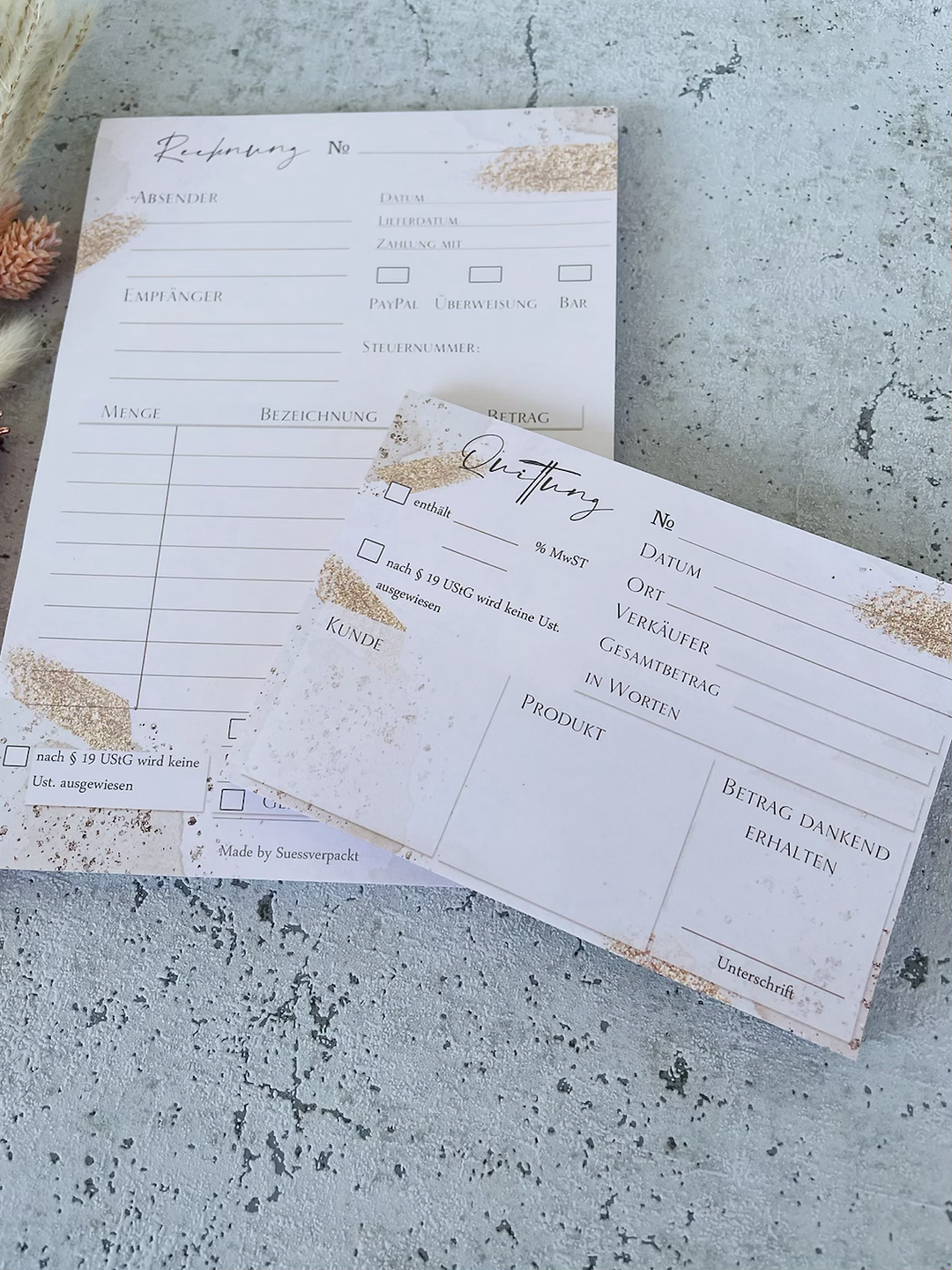 Kleines Business SET Rechnungsblock und Quittungsblock im Golddesign