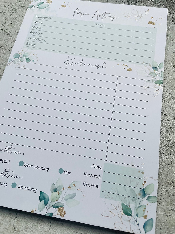 Auftragsblock A4 Eukalyptus Golddesign