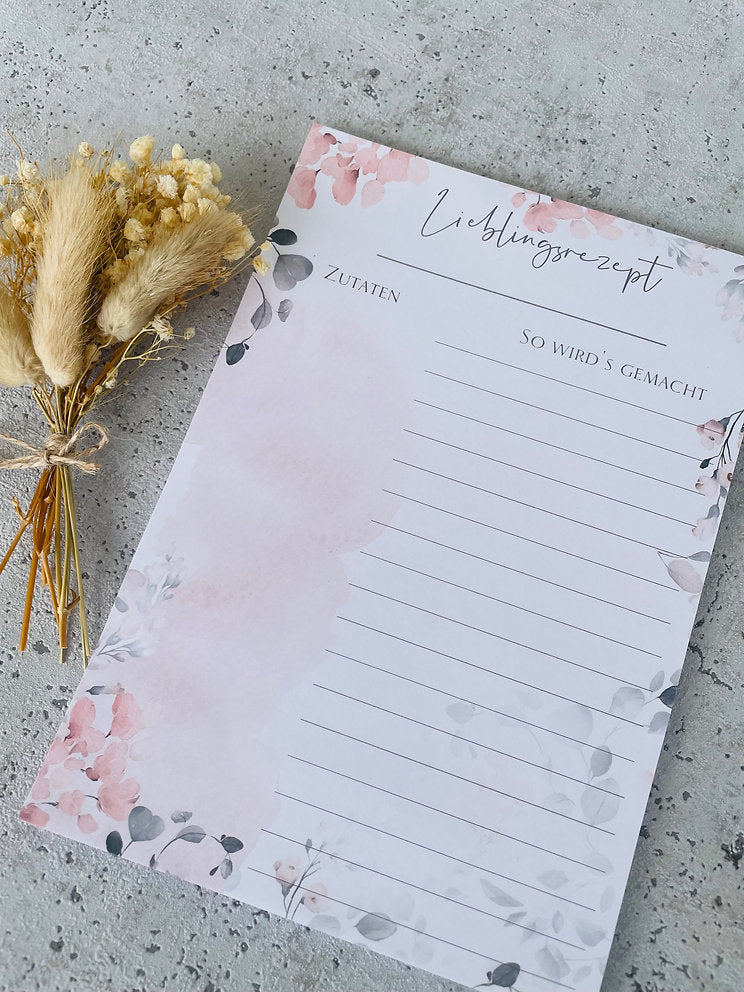 Rezeptblock Aquarell Blumen Design Eigenproduktion in A5