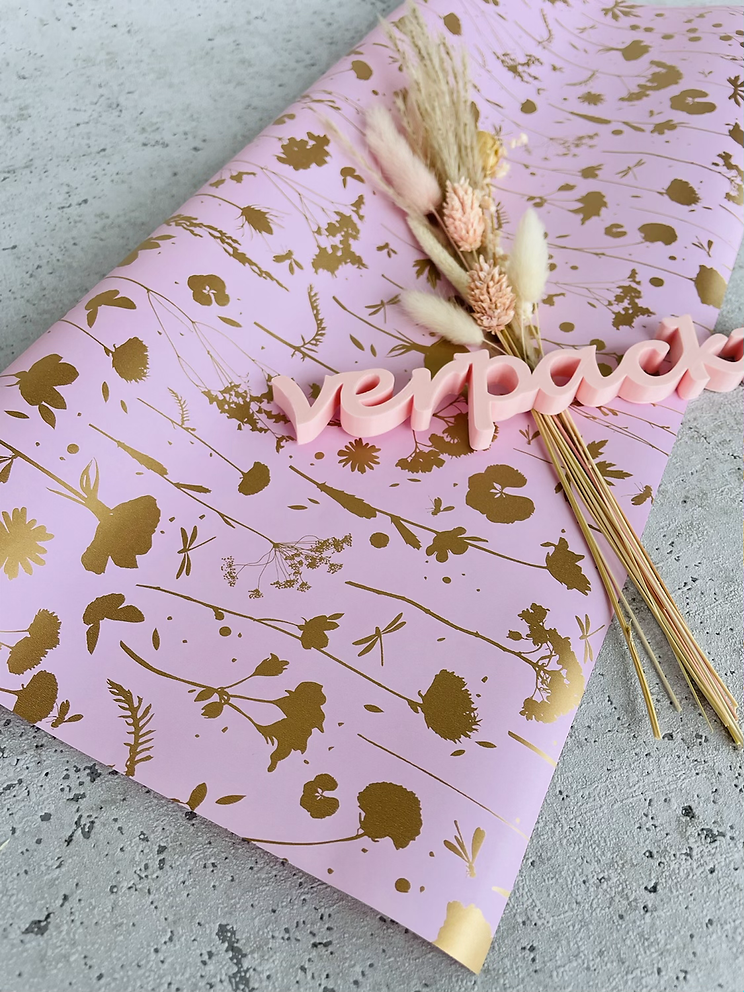 Geschenkpapier  50x300cm Kraftpapier Blumen rosa gold