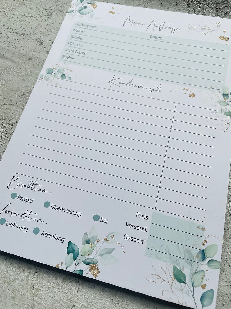 Auftragsblock A4 Eukalyptus Golddesign