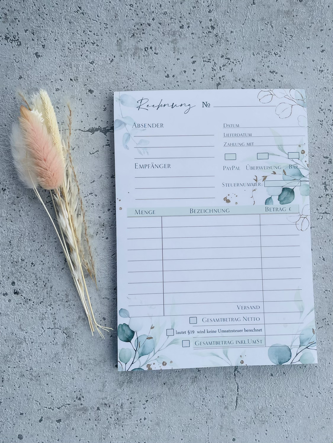 Rechnungsblock A5 Eukalyptus Golddesign