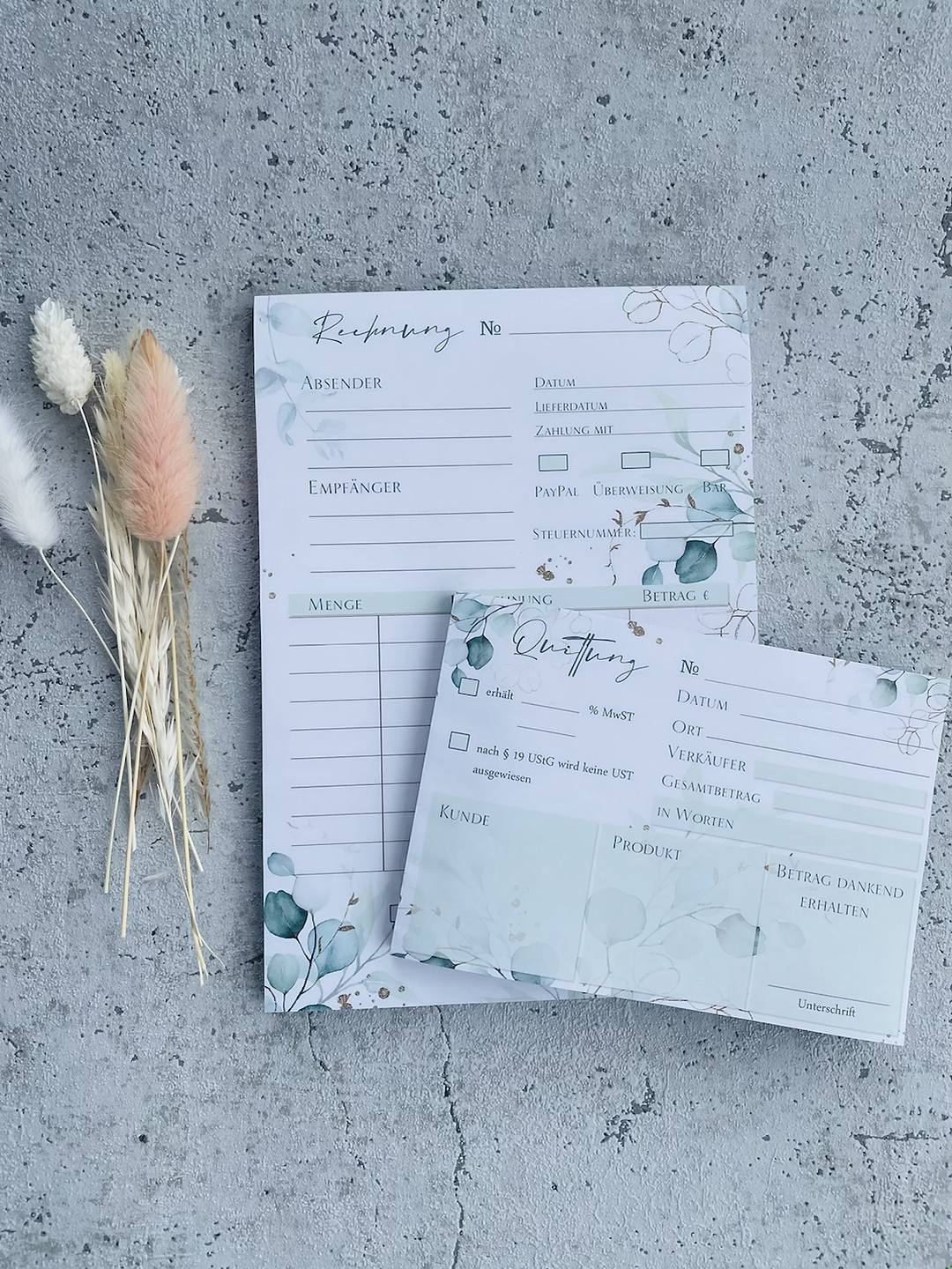 Kleines Business SET Rechnungsblock und Quittungsblock im Eukalyptus  Golddesign