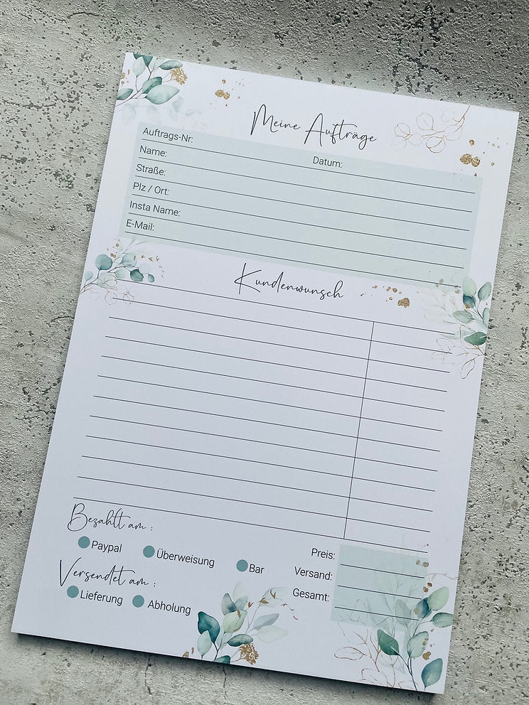 Auftragsblock A4 Eukalyptus Golddesign