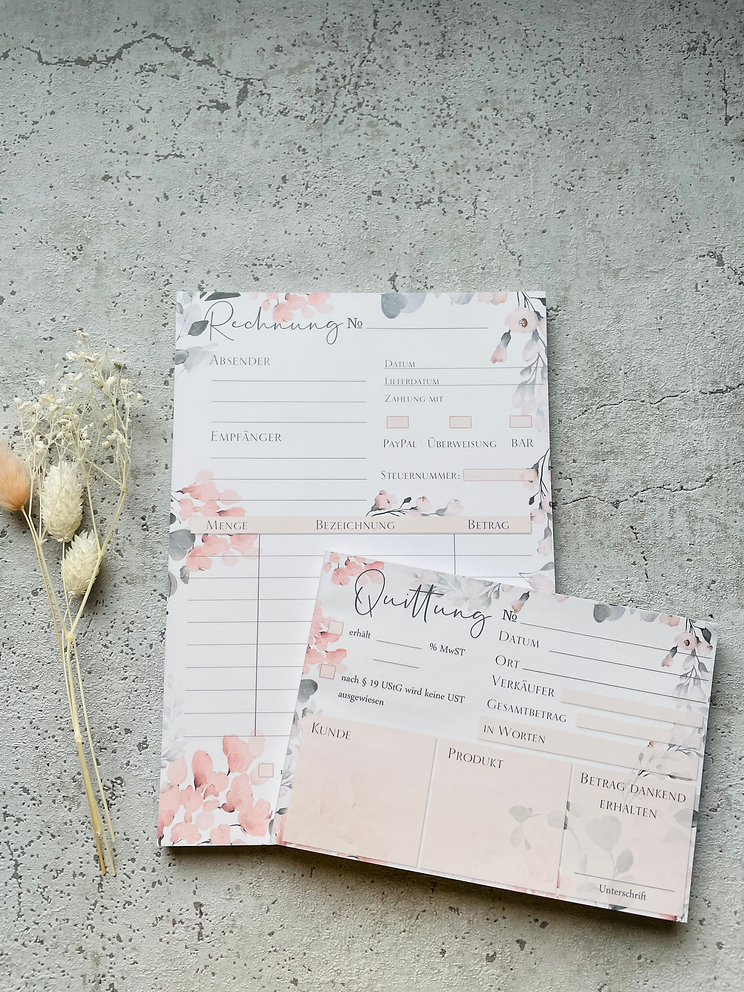 Kleines Business SET Rechnungsblock und Quittungsblock im Aquarel Blumen