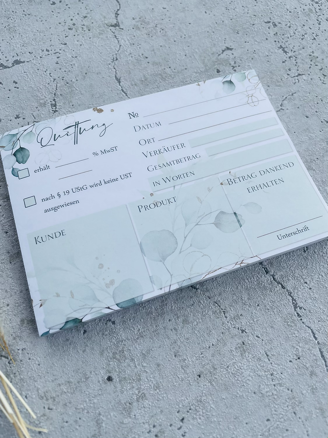 Quittungsblock A6 Eukalyptus Golddesign